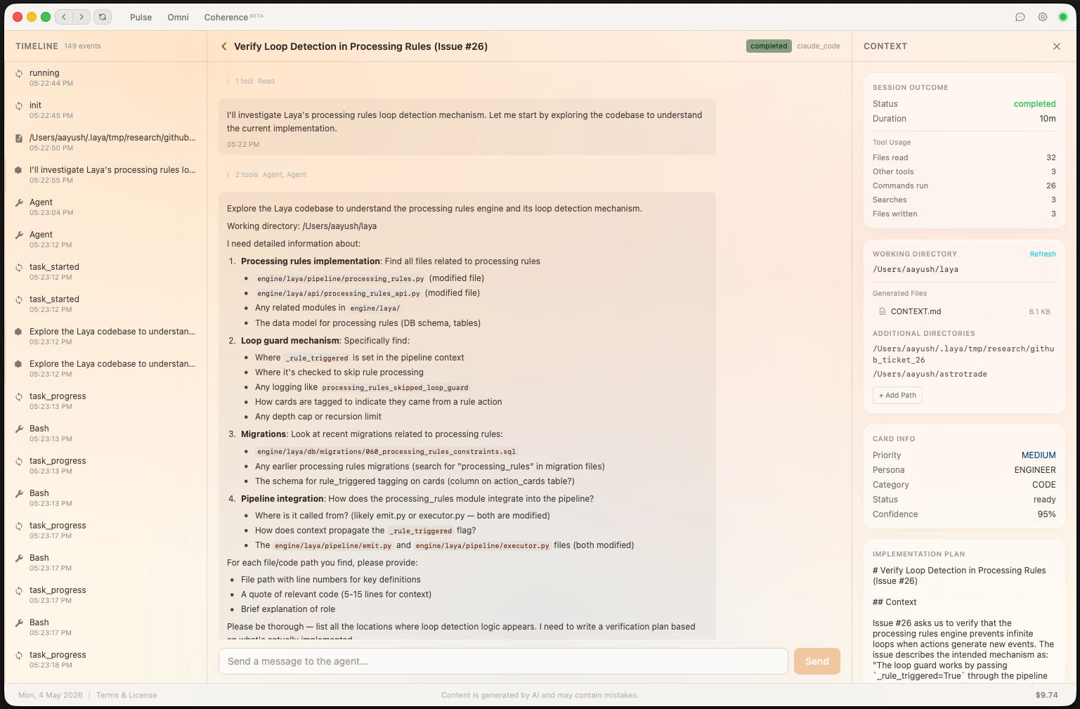 Laya agent workspace — full workspace with timeline, context panel, and agent output