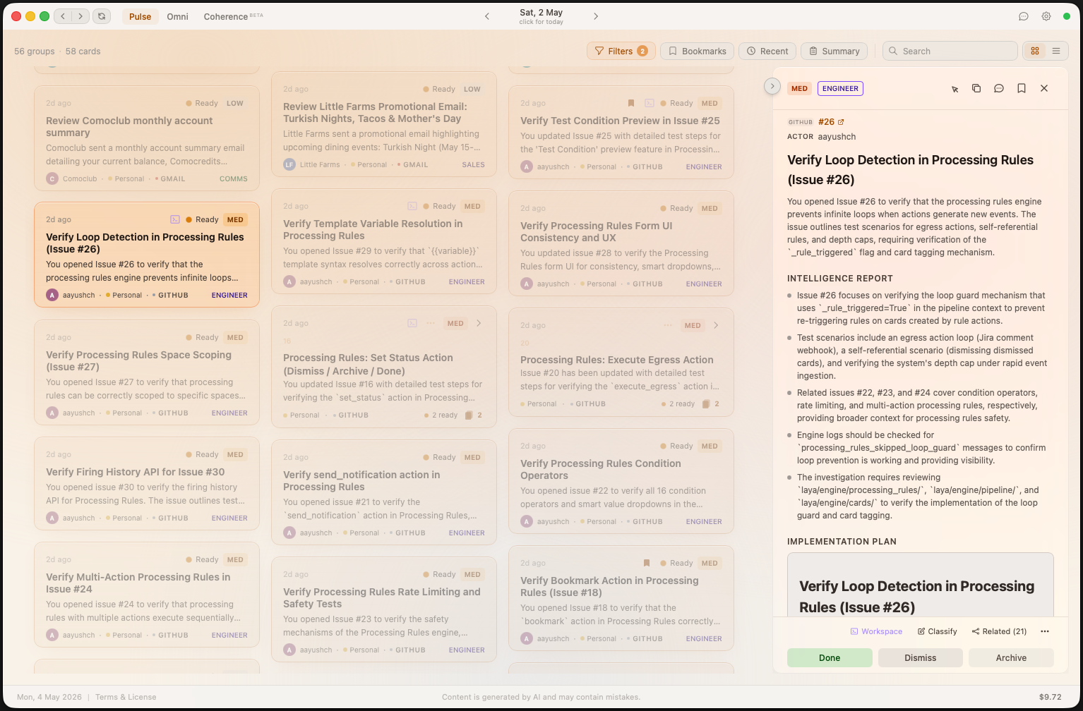 Laya Card View — grouped action cards in 3-column grid with intelligence reports