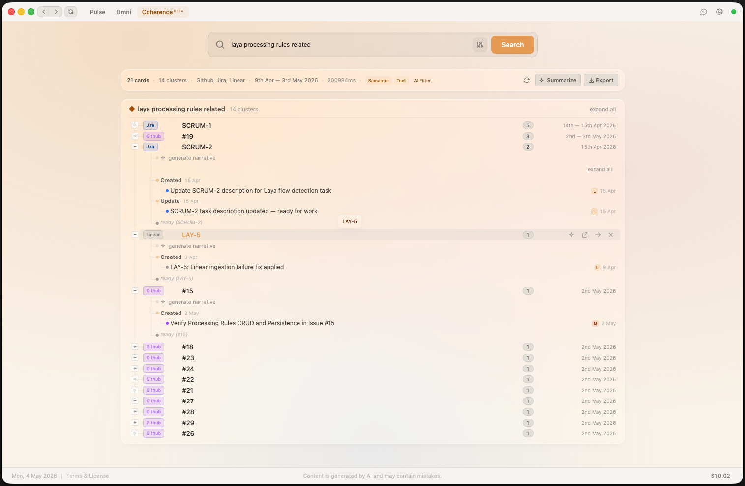 Laya Coherence — trace entities across platforms with AI-generated narratives