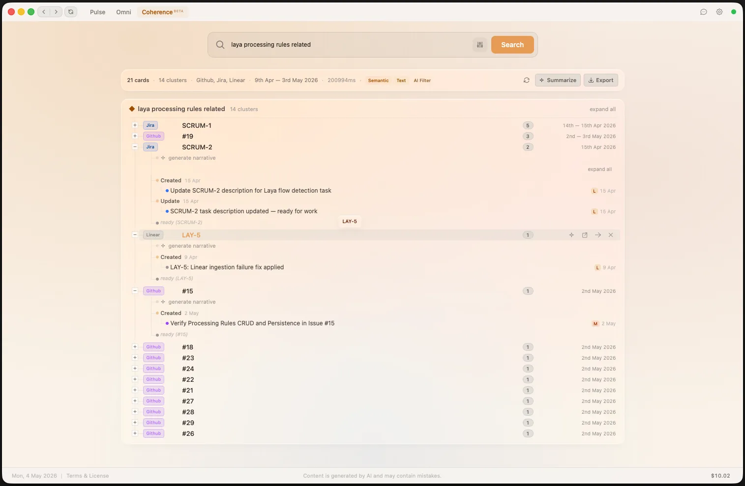 Laya Coherence — trace entities across platforms with AI-generated narratives