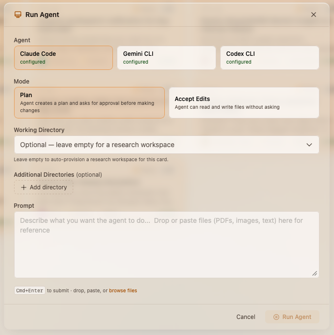 Laya Agent Studio — configure agent runtime, mode, and prompt before launching