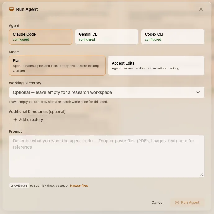 Laya Agent Studio — configure agent runtime, mode, and prompt before launching