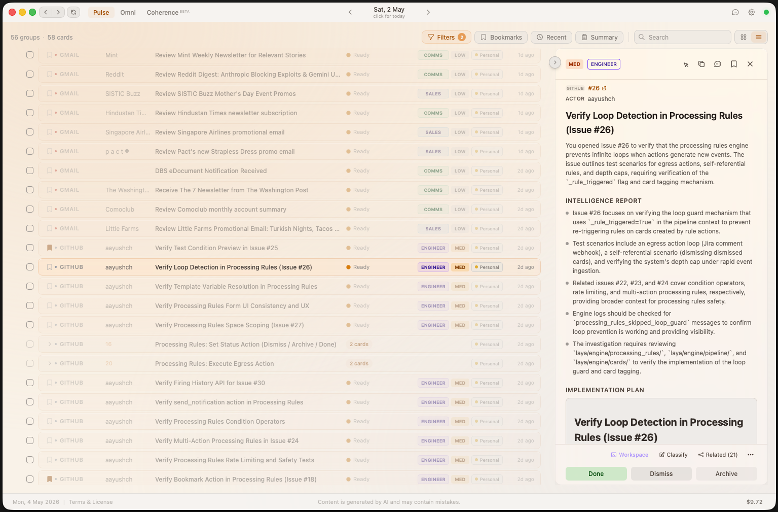 Laya List View — AI action cards with intelligence reports