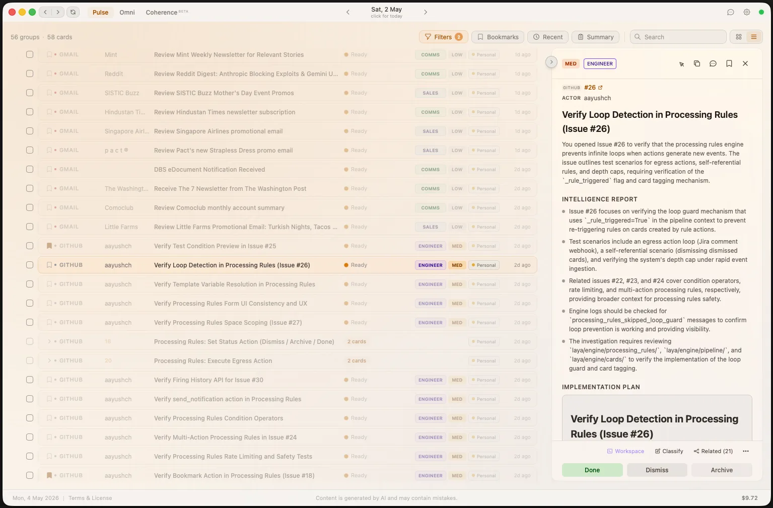 Laya List View — AI action cards with intelligence reports