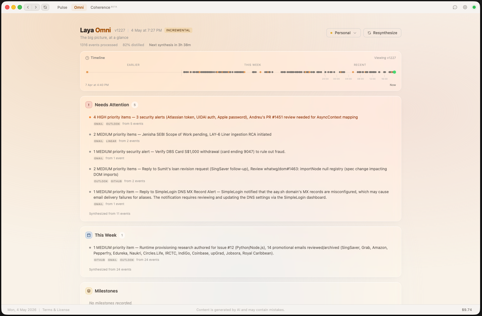 Laya Omni — rolling cross-platform summary with progressive summarization