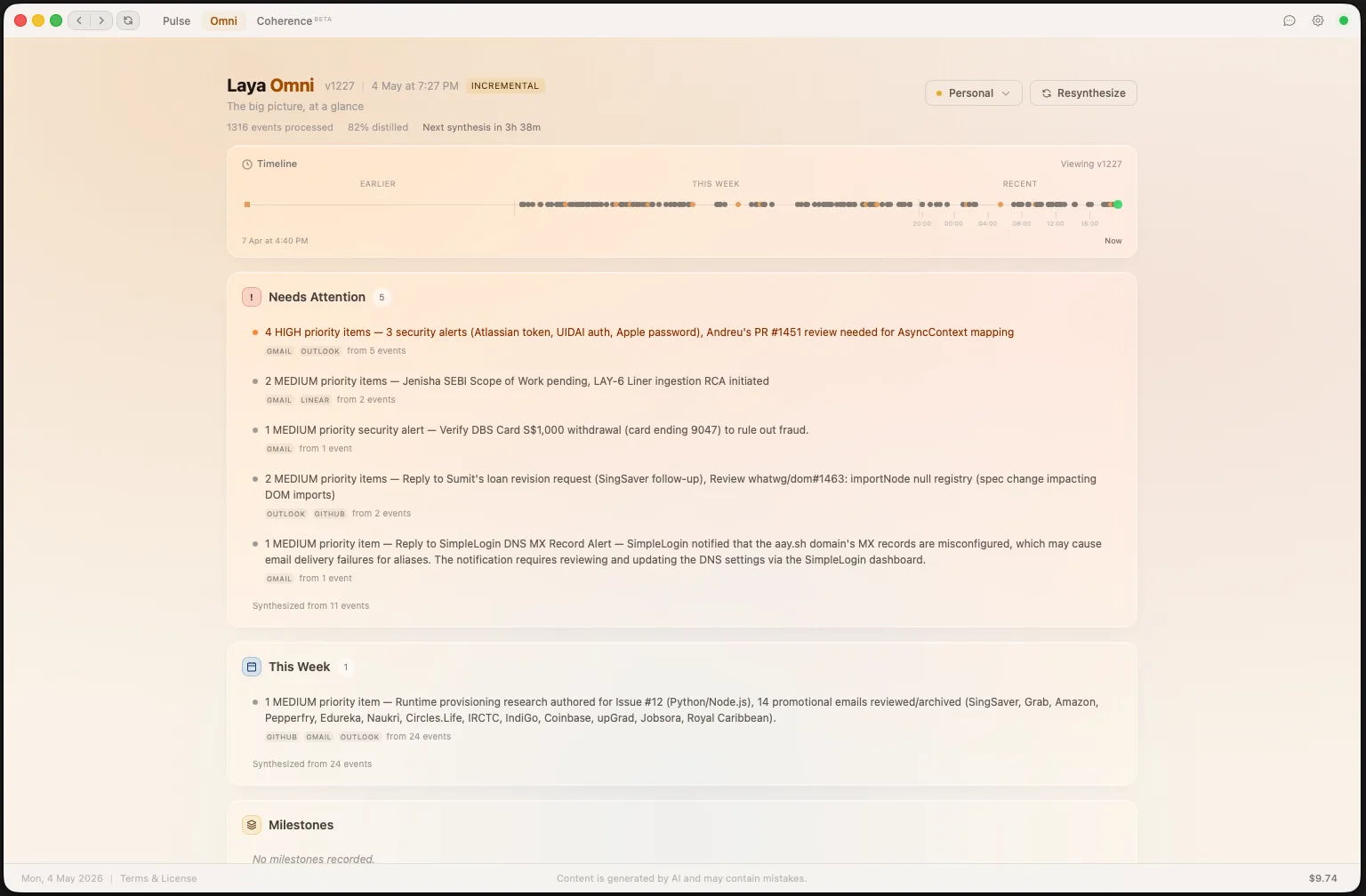 Laya Omni — rolling cross-platform summary with progressive summarization